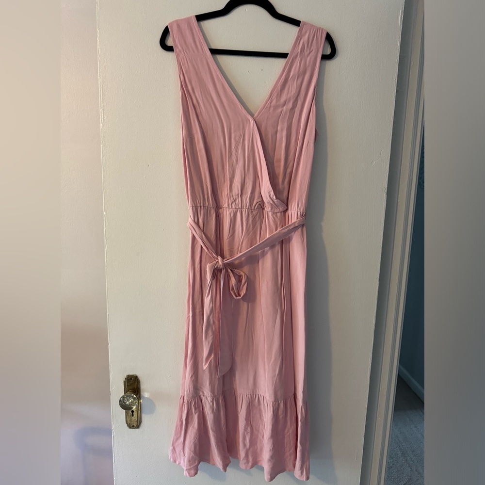 Caralyn Mirand by the Drop Pink Nectar Cross-Front Belted Midi Dress (Size L)